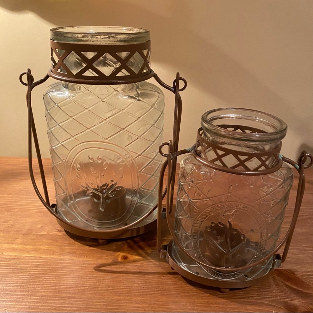 Set Of 2 Glass And Metal Tea Light Holders Lanterns